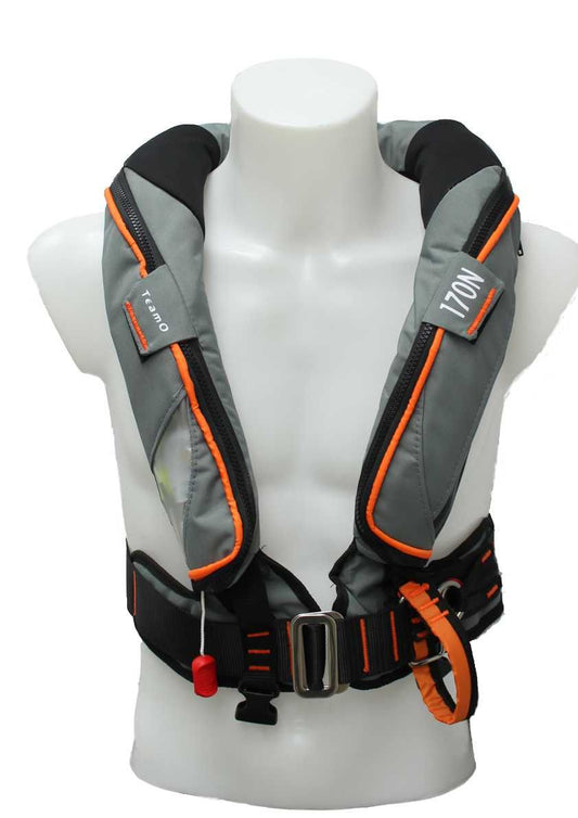 TeamO Marine | 170N Backtow™ Offshore Inflatable PFD | Grey and Orange | PRO Sensor