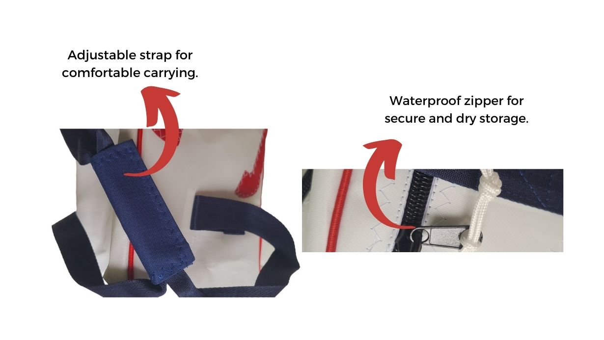 Stylish and durable sailcloth bag crafted  from upcycled sail fabric, featuring reinforced  handles, a spacious interior,  and a unique maritime design.   Ideal for everyday use, shopping, or beach trips.