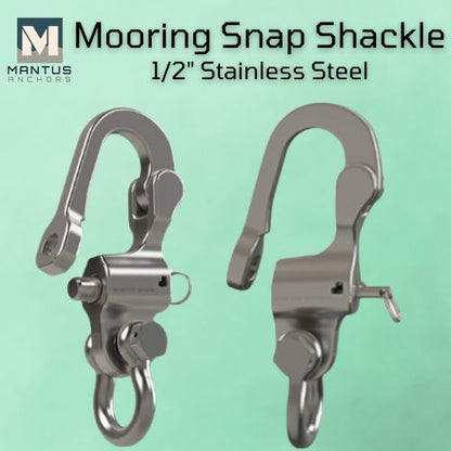 Close up picture The front and side of a 1/2" Mooring Snap Shackle made by Mantus. Boaters who prioritize safety and reliability often choose anchors like the 45 lb Galvanized M1 anchor made by Mantus for their vessels