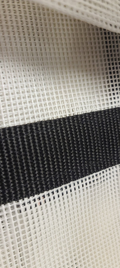 Yacht bunk accessory, close up of white netting and blck trim