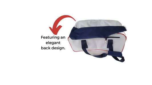 Eco-friendly sailcloth bag made from recycled sail  material, featuring a sturdy handle, durable stitching,  and a spacious interior. The bag has a nautical design  with subtle weathered textures, perfect for carrying groceries,   beach essentials, or everyday items.