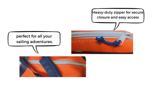 Eco-friendly sailcloth bag made from recycled sail  material, featuring a sturdy handle, durable stitching,  and a spacious interior. The bag has a nautical design  with subtle weathered textures, perfect for carrying groceries,   beach essentials, or everyday items.