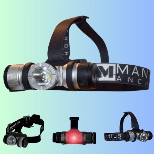 Close up picture showing the front and sides of a Head lamp made by Mantus. Waterproof to 10 meter submersion. Features a red light for night navigation. Rechargeable via a USB – 2.5 hrs for a full recharge. SOS signal 150 lumens (24hrs).