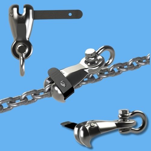 Close-up image showing the top, bottom and anchoring of a new M2 1/2" stainless steel anchor hooks manufactured by Mantus.