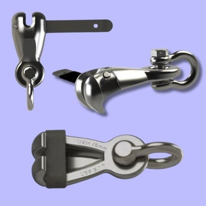 Close up picture showing the top, bottom and side of a New M2 1/4" Stainless Steel Anchor Hooks made by Mantus.