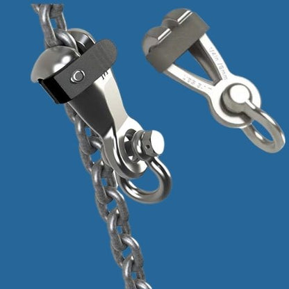 Close-up image showing the bottom and anchored portion of a new M2 3/8" stainless steel anchor hooks manufactured by Mantus.