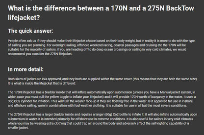 Description about Difference in 170N and 275N BackTow LifeJacket.